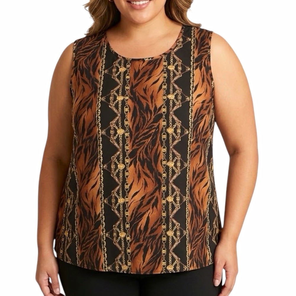 90s MAGGIE SWEET Tank sz 3X Plus Black Brown Chain / Animal Print Safari NWOT